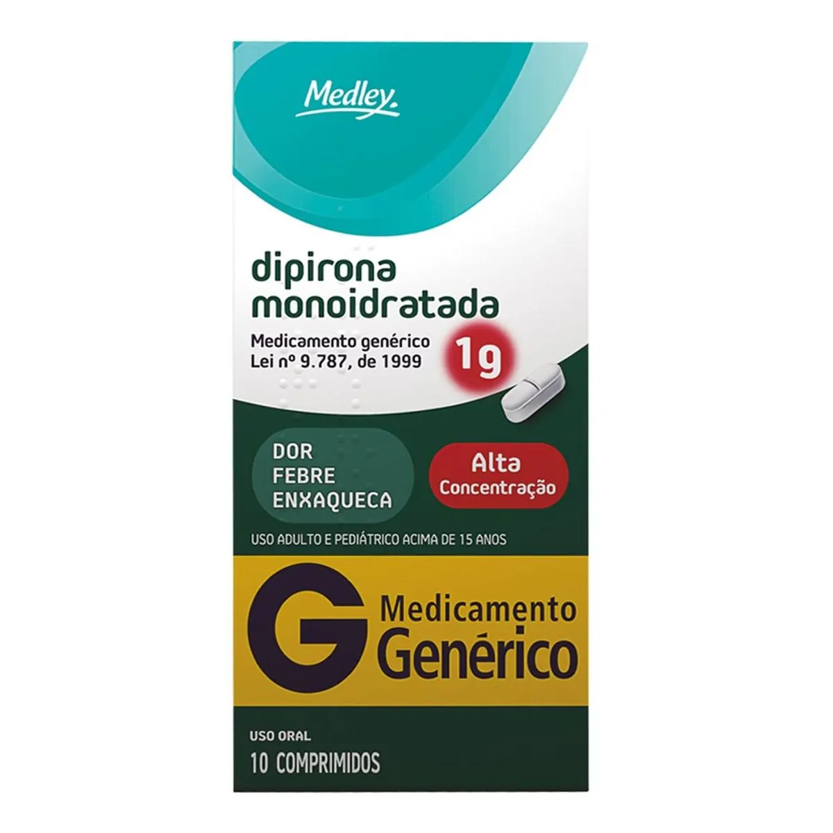 Analgésico e Antitérmico Dipirona Monoidratada 1g Genérico Medley 10 Comprimidos