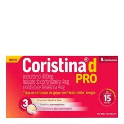 Antigripal, Analgésico e Descongestionante Coristina D Pro 400mg + 4mg + 4mg 8 Comprimidos