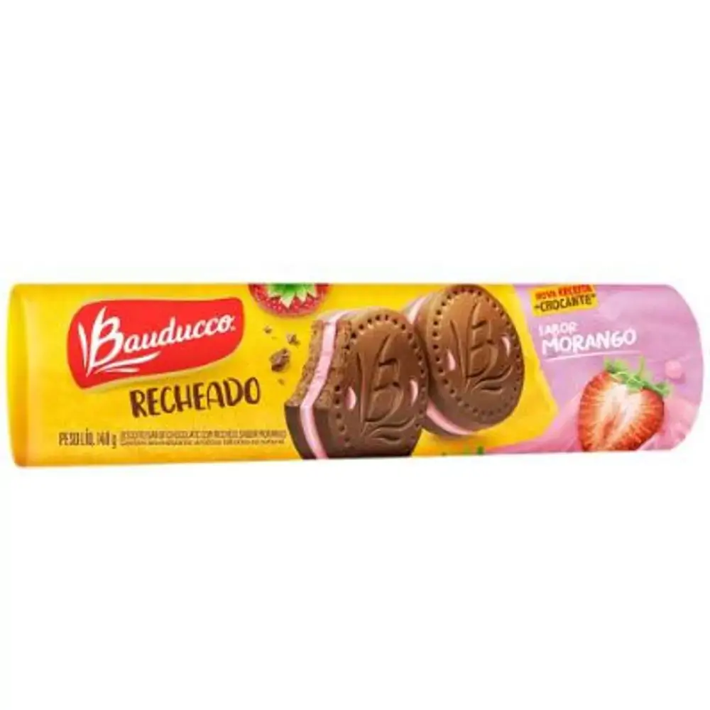 Biscoito recheado sabor chocolate com recheio de morango 140g - Bauducco