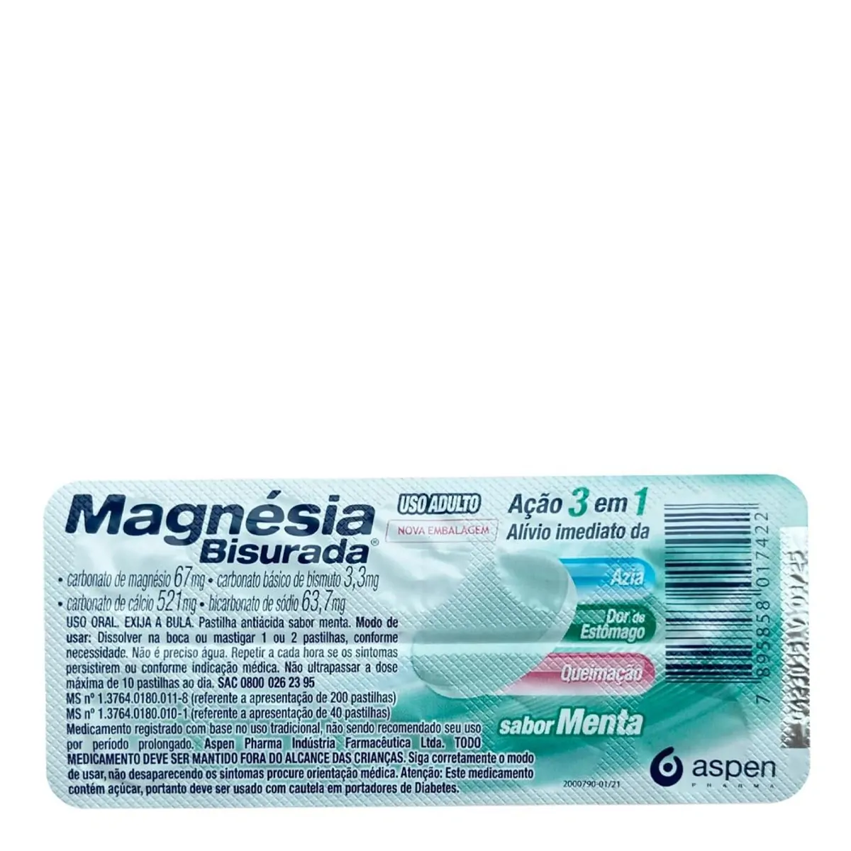 Antiácido Magnésia Bisurada 67mg + 3,3mg + 521mg + 63,7mg 10 Pastilhas