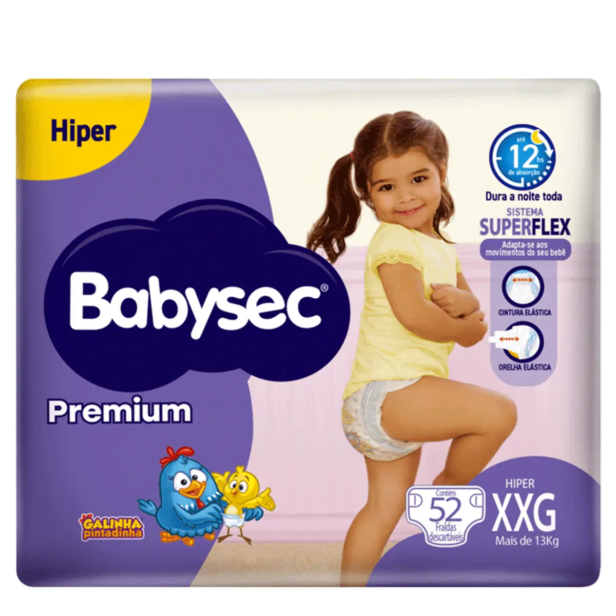 Fralda Babysec Premium Galinha Pintadinha XXG 52 Unidades