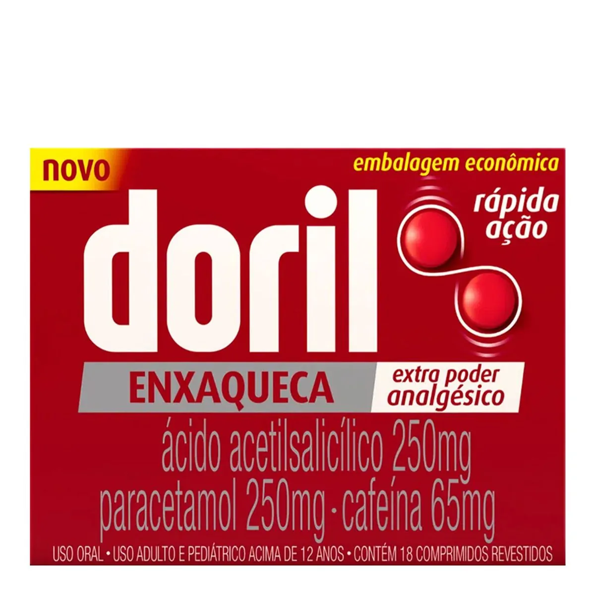 Analgésico e Antitérmico Doril Enxaqueca 250mg + 250mg + 65mg 18 Comprimidos
