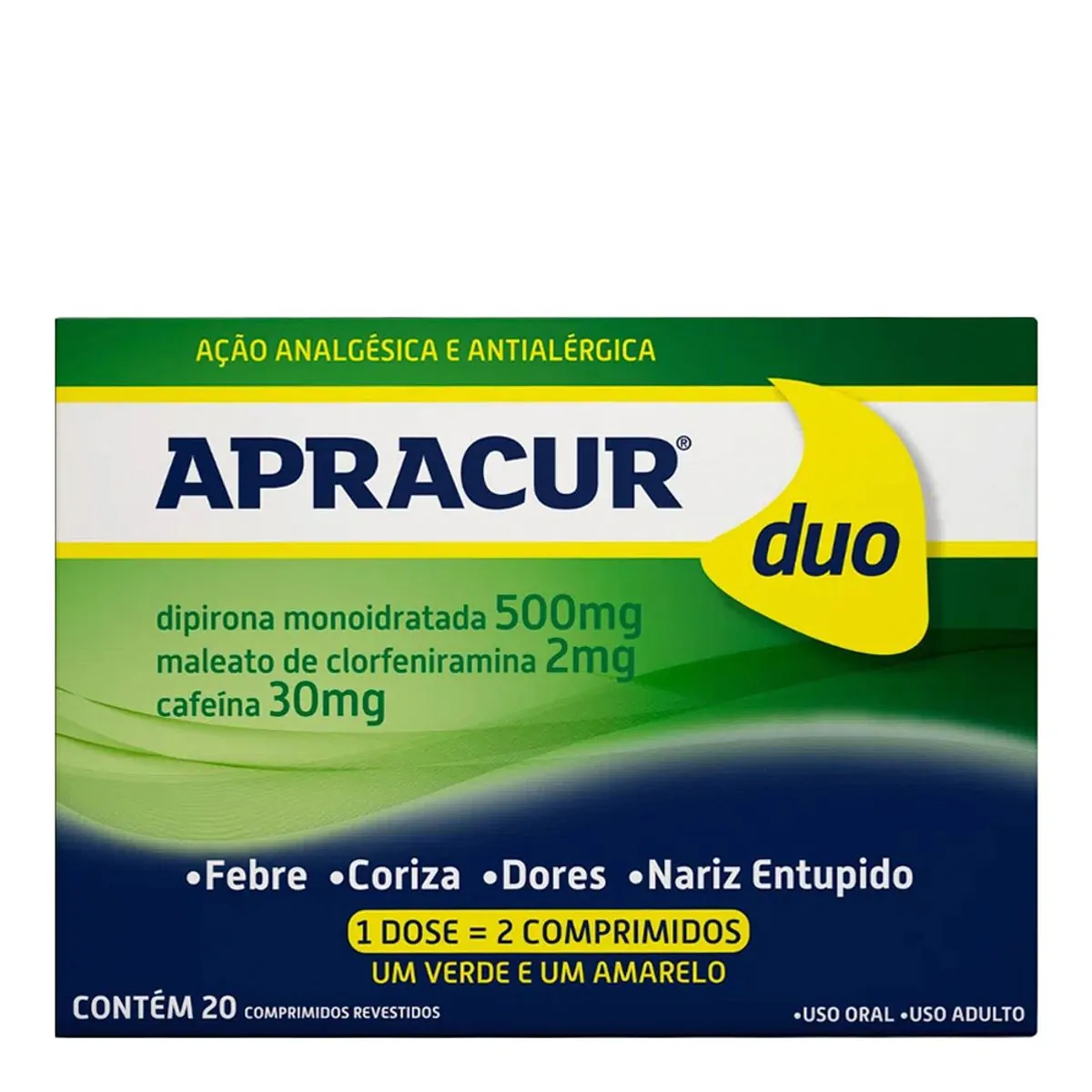 Antigripal, Analgésico e Antialérgico Apracur Duo 500mg + 2mg + 30mg 20 Comprimidos Revestidos