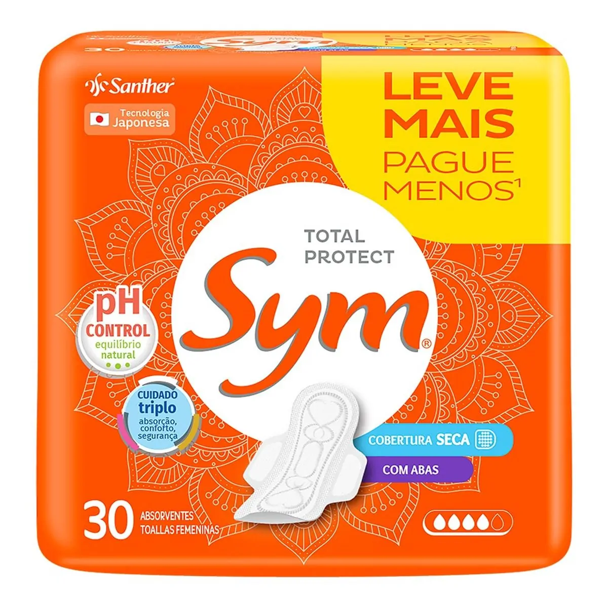 Absorvente Sym Total Protect Cobertura Seca Com Abas 30 Unidades
