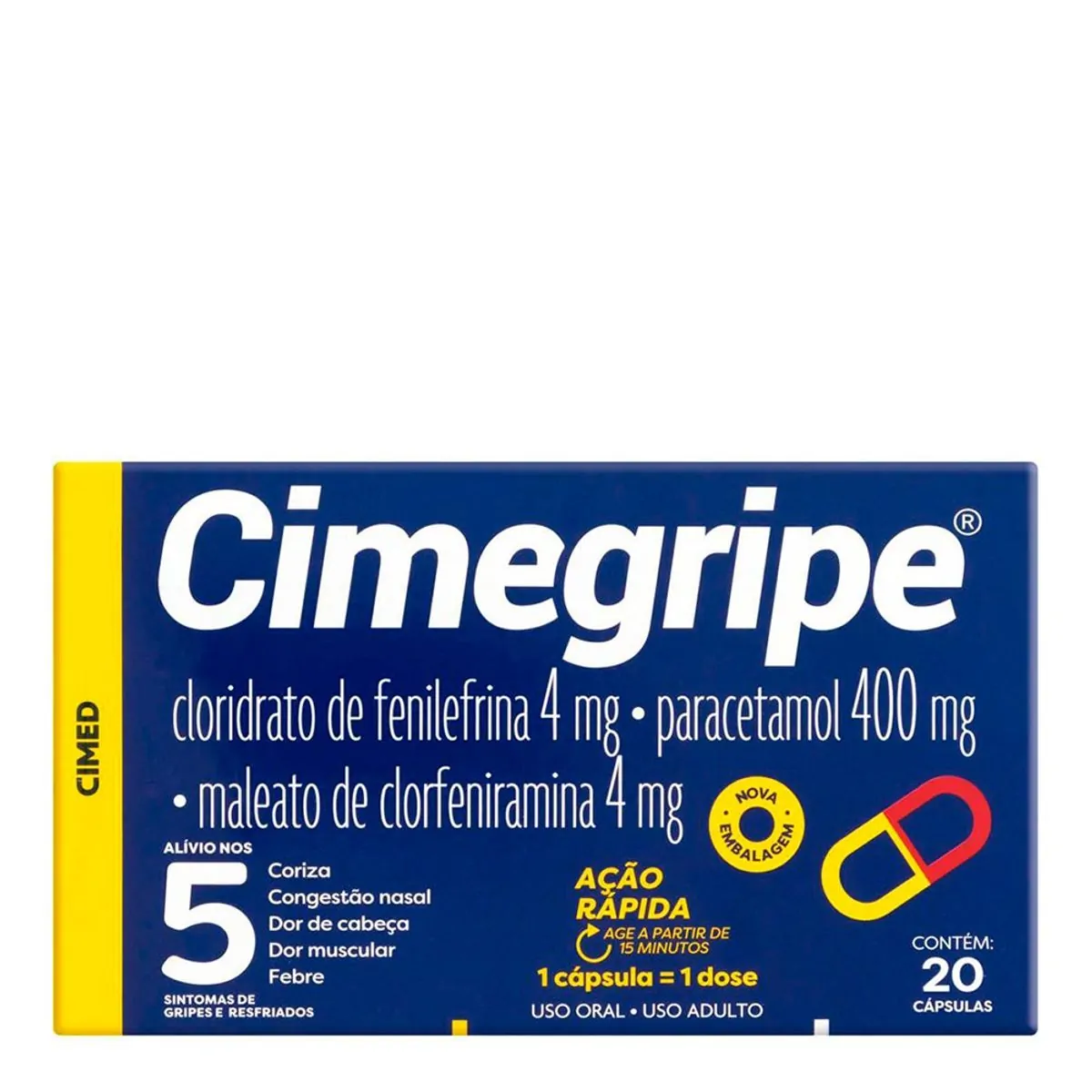 Analgésico, Antitérmico e Antigripal Cimegripe 400mg + 4mg + 4mg 20 Cápsulas