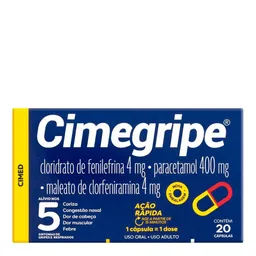 Analgésico, Antitérmico e Antigripal Cimegripe 400mg + 4mg + 4mg 20 Cápsulas