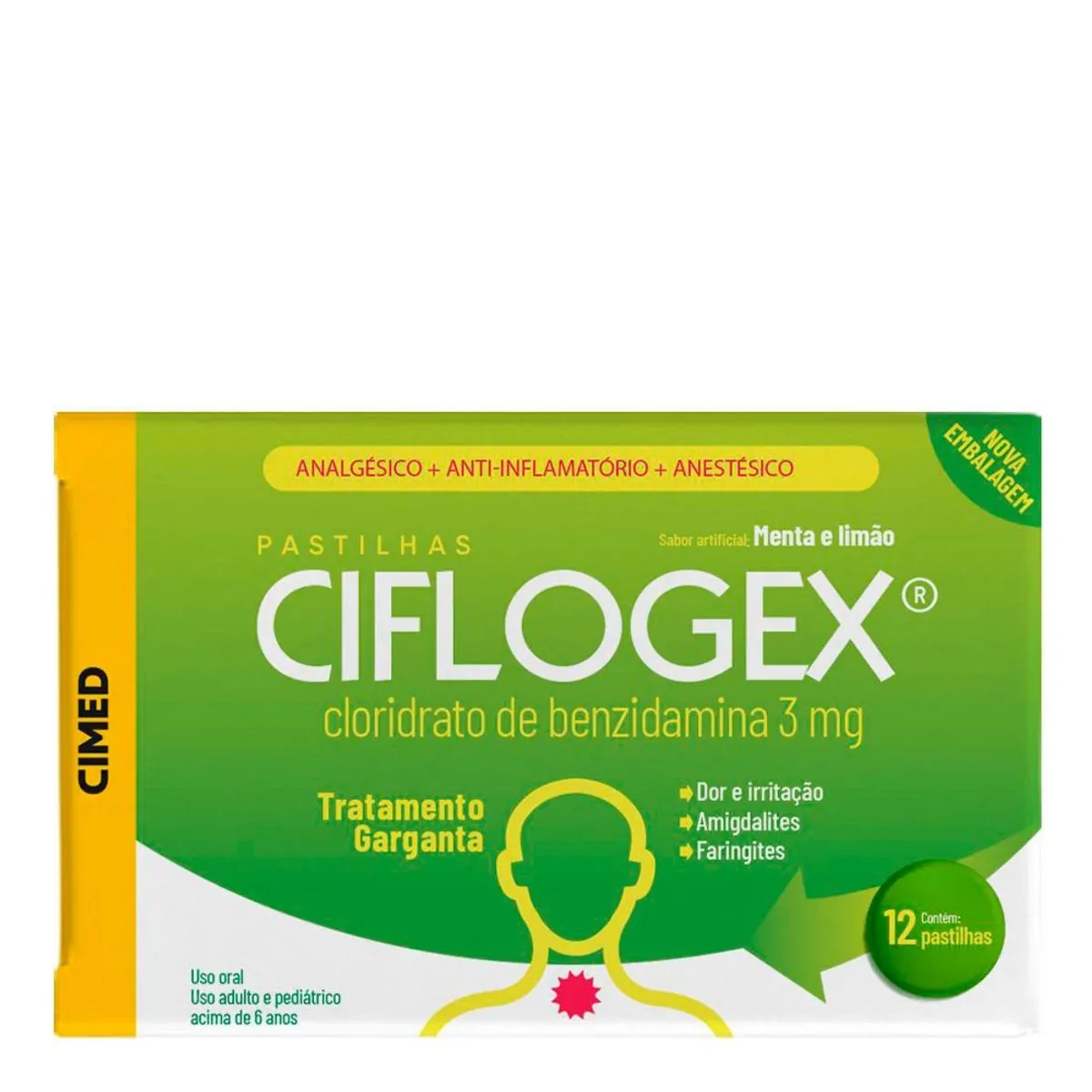 Analgésico, Anestésico e Anti-Inflamatório Ciflogex 3mg 12 Pastilhas Menta e Limão