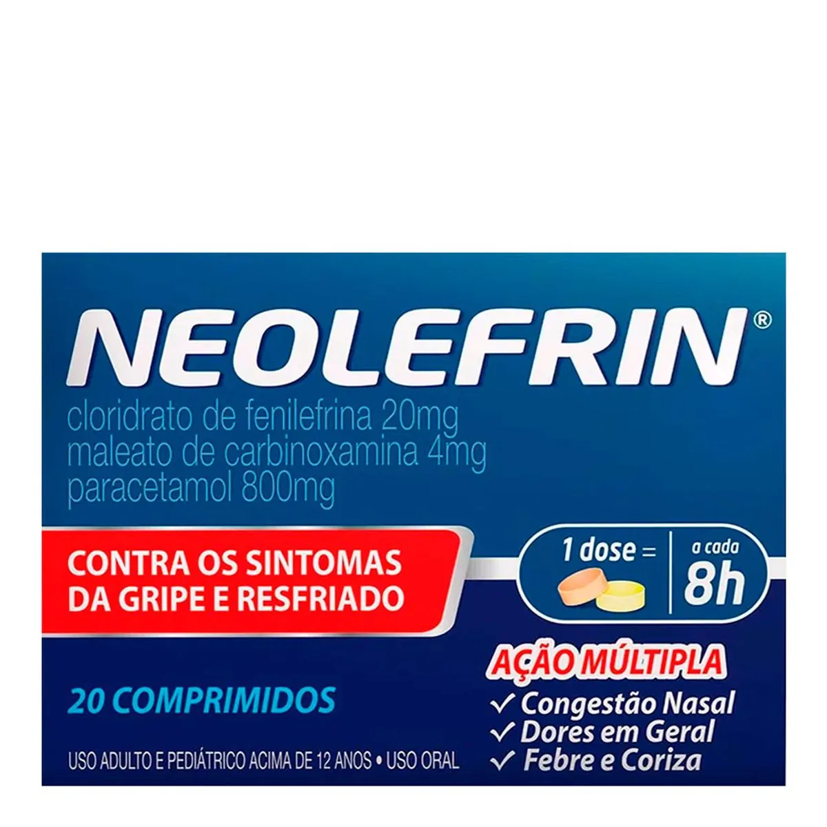 Antigripal, Descongestionante, Analgésico e Antitérmico Neolefrin 400mg + 20mg + 400mg + 4mg 20 Comp
