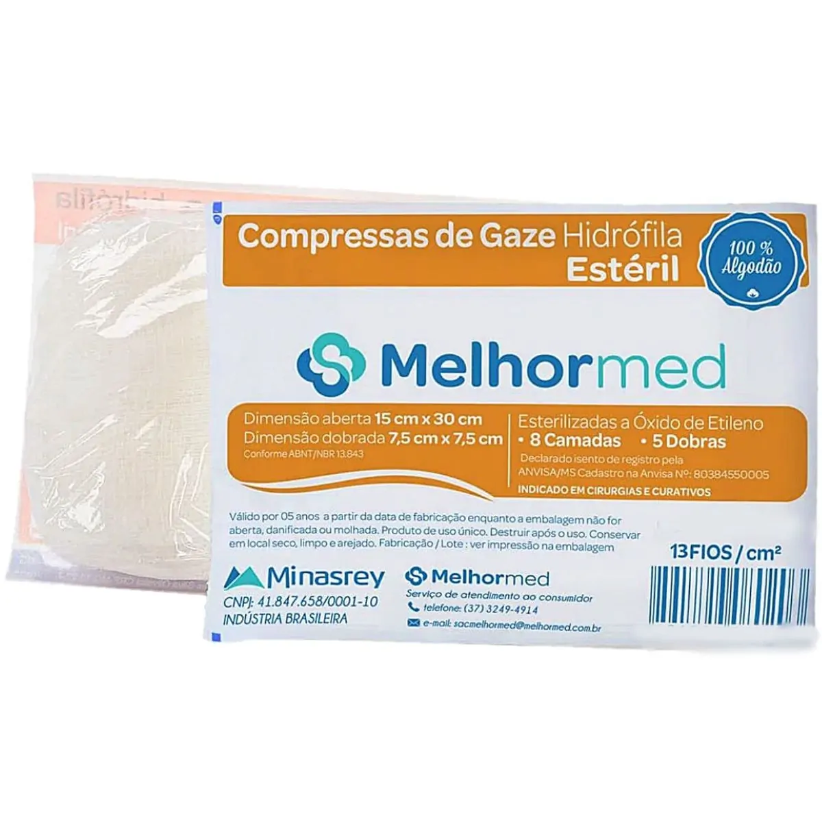 Compressa de Gaze Hidrófila MelhorMed - 7,5 x 7,5cm - 13 Fios - Estéril