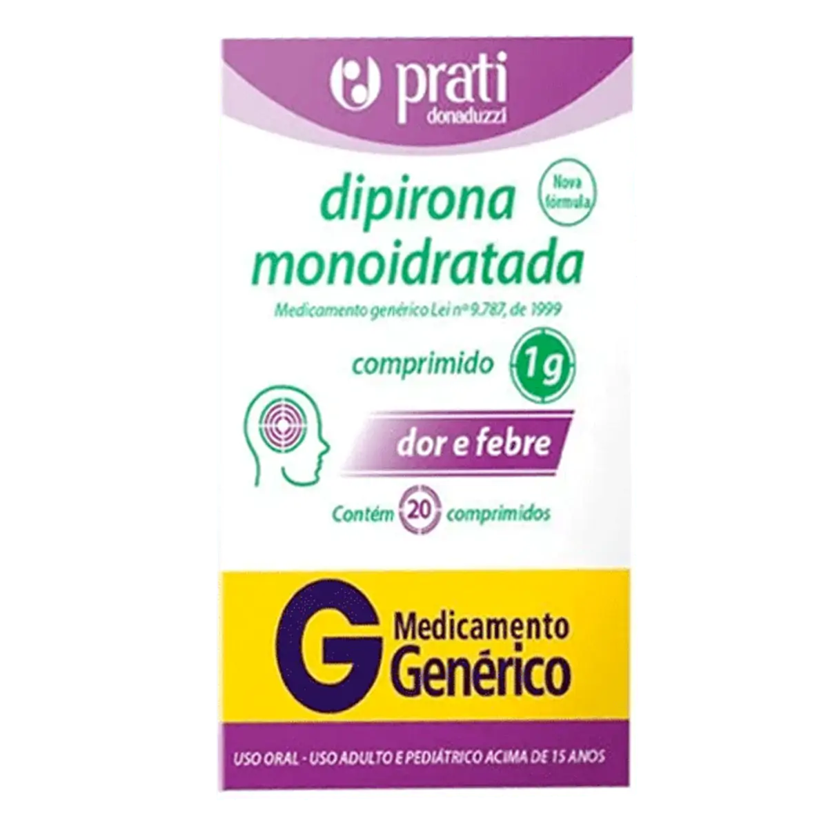 Analgésico e Antitérmico Dipirona Monoidratada 1g Genérico Prati-Donaduzzi 20 Comprimidos