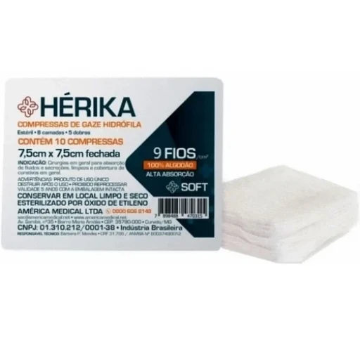 Compressa de Gaze Estéril 7,5cm x 7,5cm 9 fios 10 unidades AMERICA MEDICAL