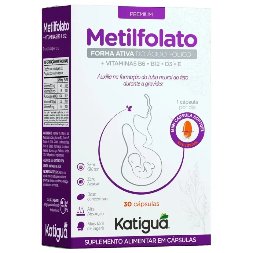 Metilfolato com Vitaminas B6 e B12 30 Cápsulas Katiguá