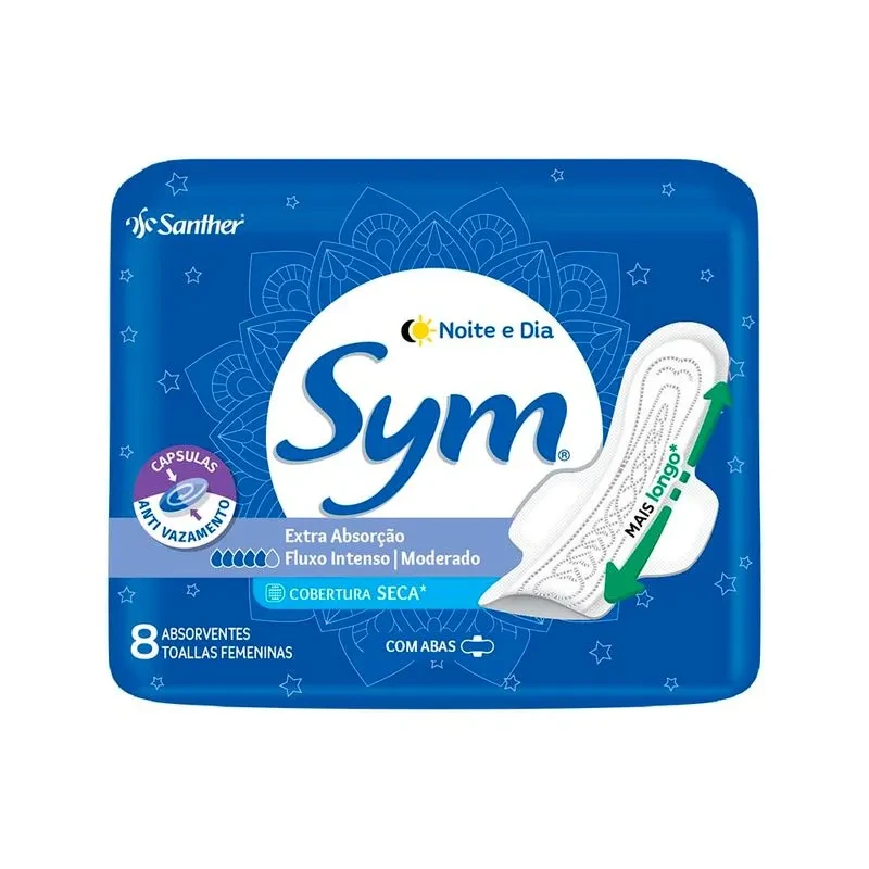 Absorvente Sym Noturno Cobertura Seca com Abas 8 Unidades