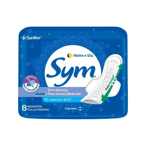 Absorvente Sym Noturno Cobertura Seca com Abas 8 Unidades