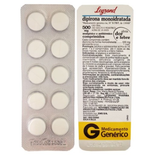 Dipirona Monoidratada 500mg Comprimidos Legrand 10 Unidades