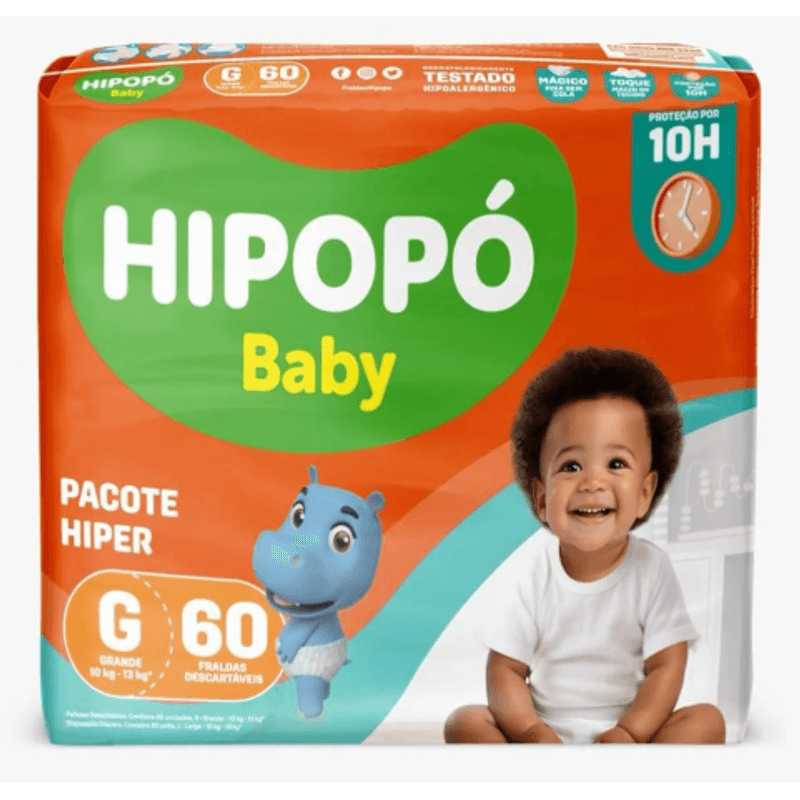 Fralda Descartável Hipopo Baby Hiper Tamanho G 60 Unidades