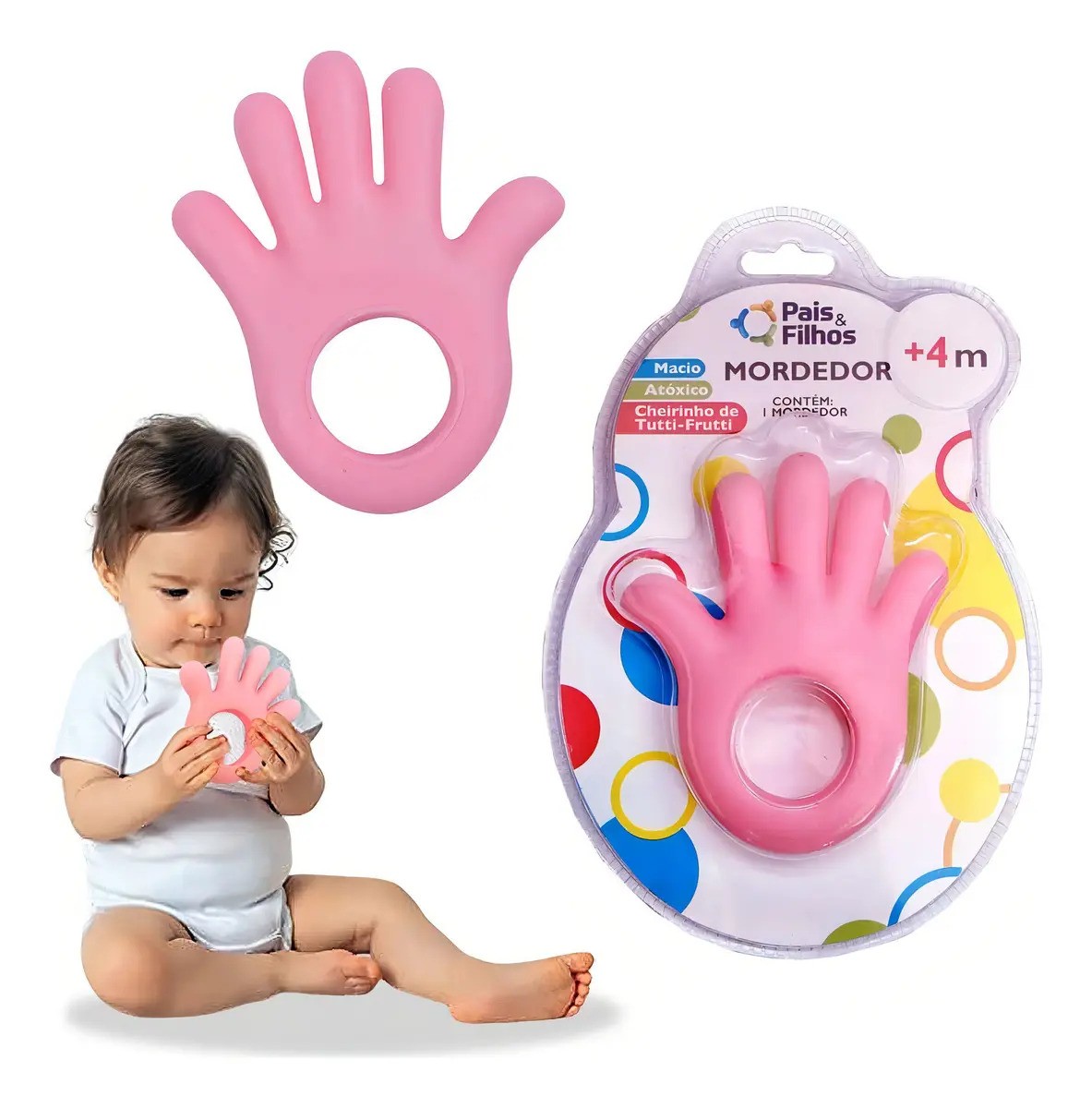 Mordedor Infantil Macio Mãozinha Rosa Pais & Filhos Atóxico Vinil