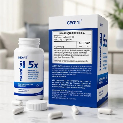 Magnésio 5X para Cãibras, Dor Muscular e Sono – 60 Cápsulas, Alta Absorção, Sem Sabor