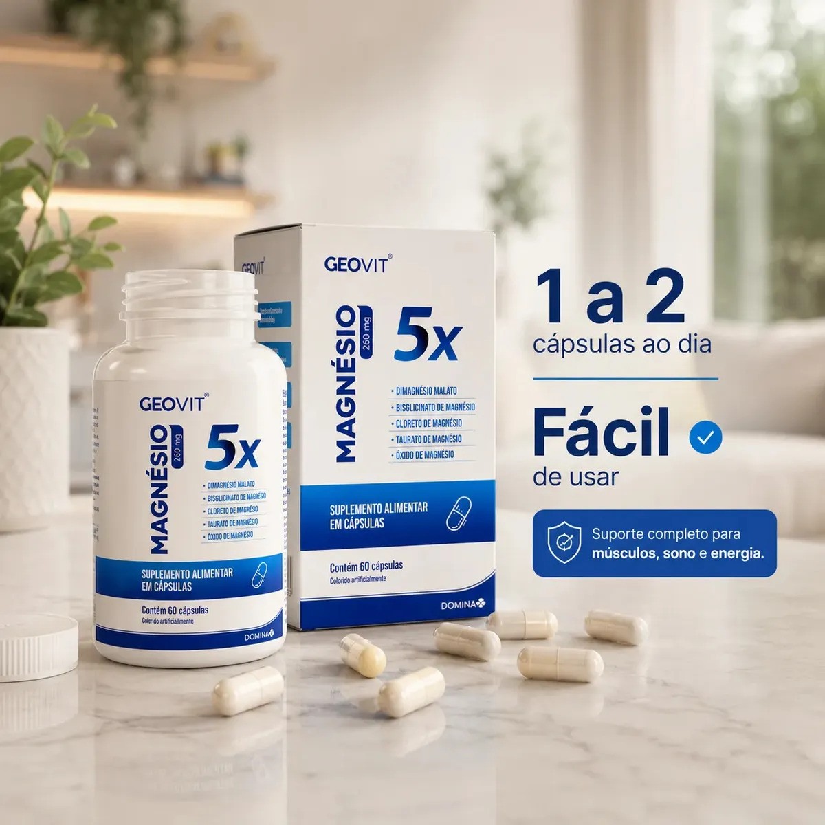 Magnésio 5X para Cãibras, Dor Muscular e Sono – 60 Cápsulas, Alta Absorção, Sem Sabor