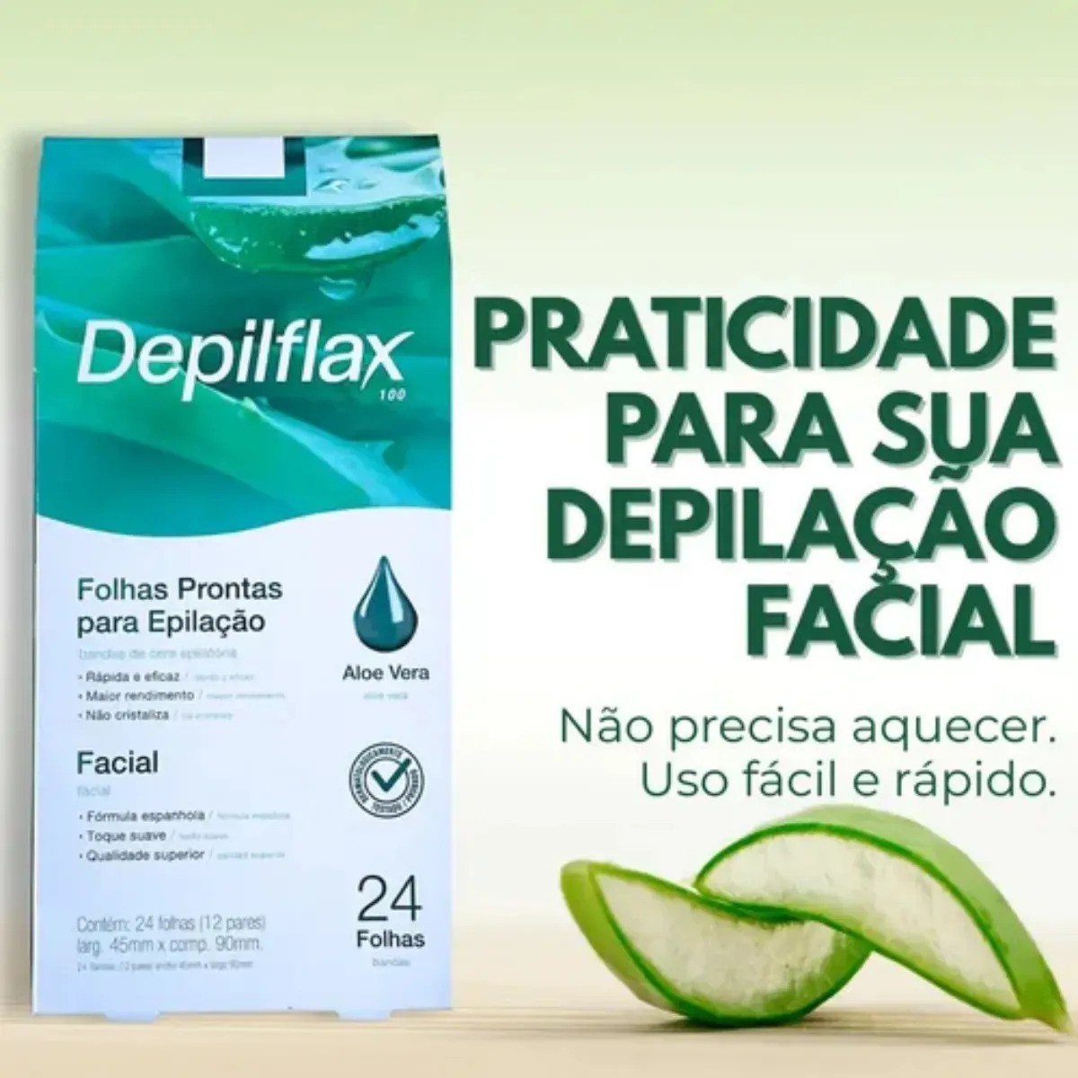 Folhas Prontas Faciais Aloe Vera - 24 folhas - Depilflax Cera Fria Descartavel Higienica