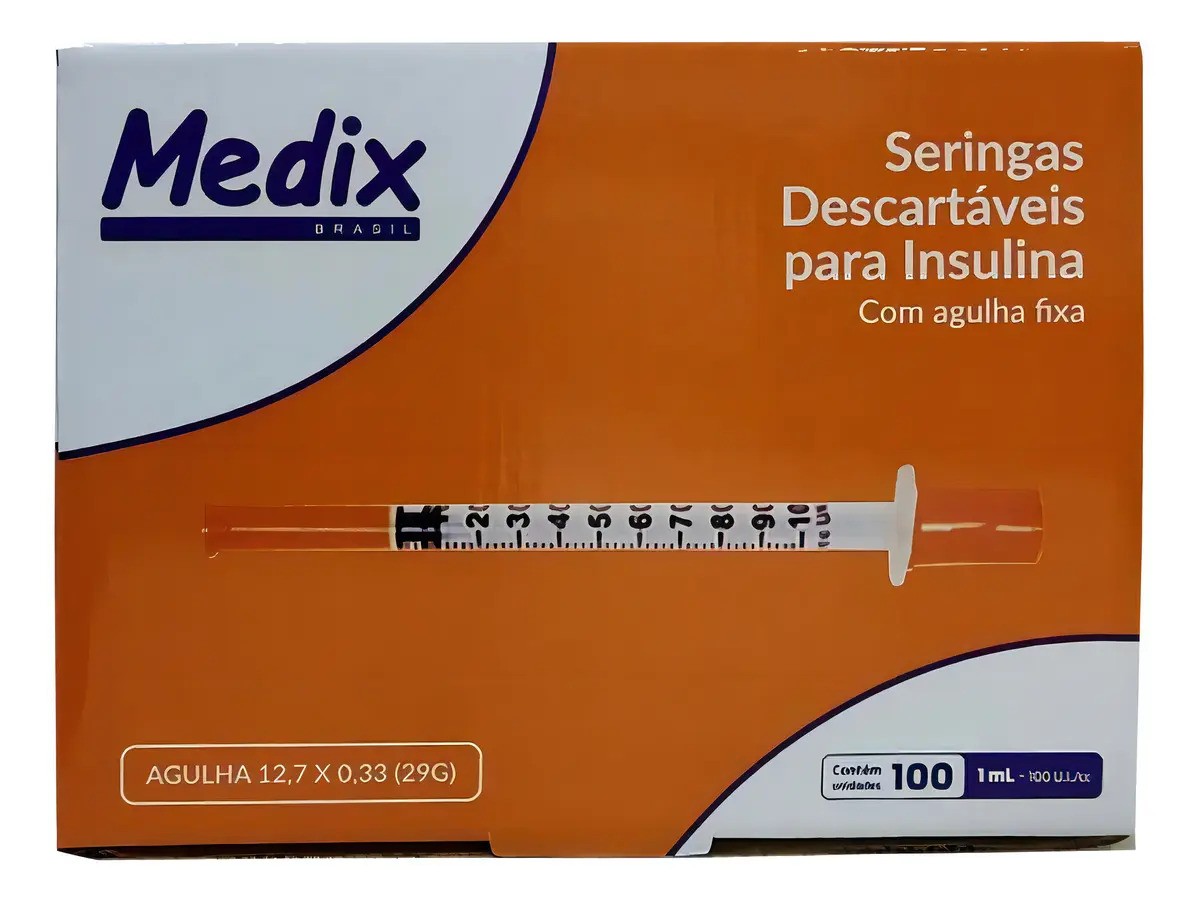 Seringa Descartável Insulina 1 mL com Agulha 29G - Medix, Caixa com 100