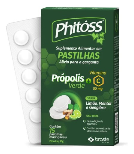 Phitoss Pastilha Própolis Vitamina C Garganta Alívio rápido sabor Limão Mentol e Gengibre
