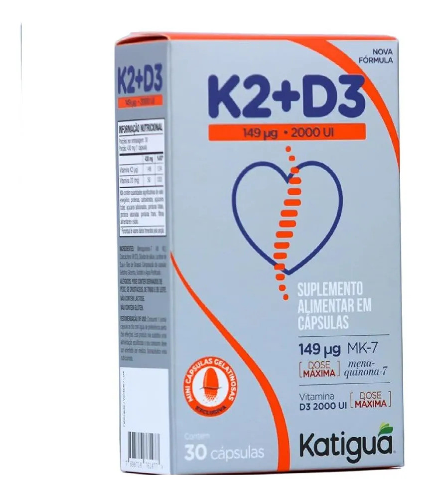 Vitamina K2 + D3 Gel Katigua 30 Cápsulas Sem Sabor Gluten Free