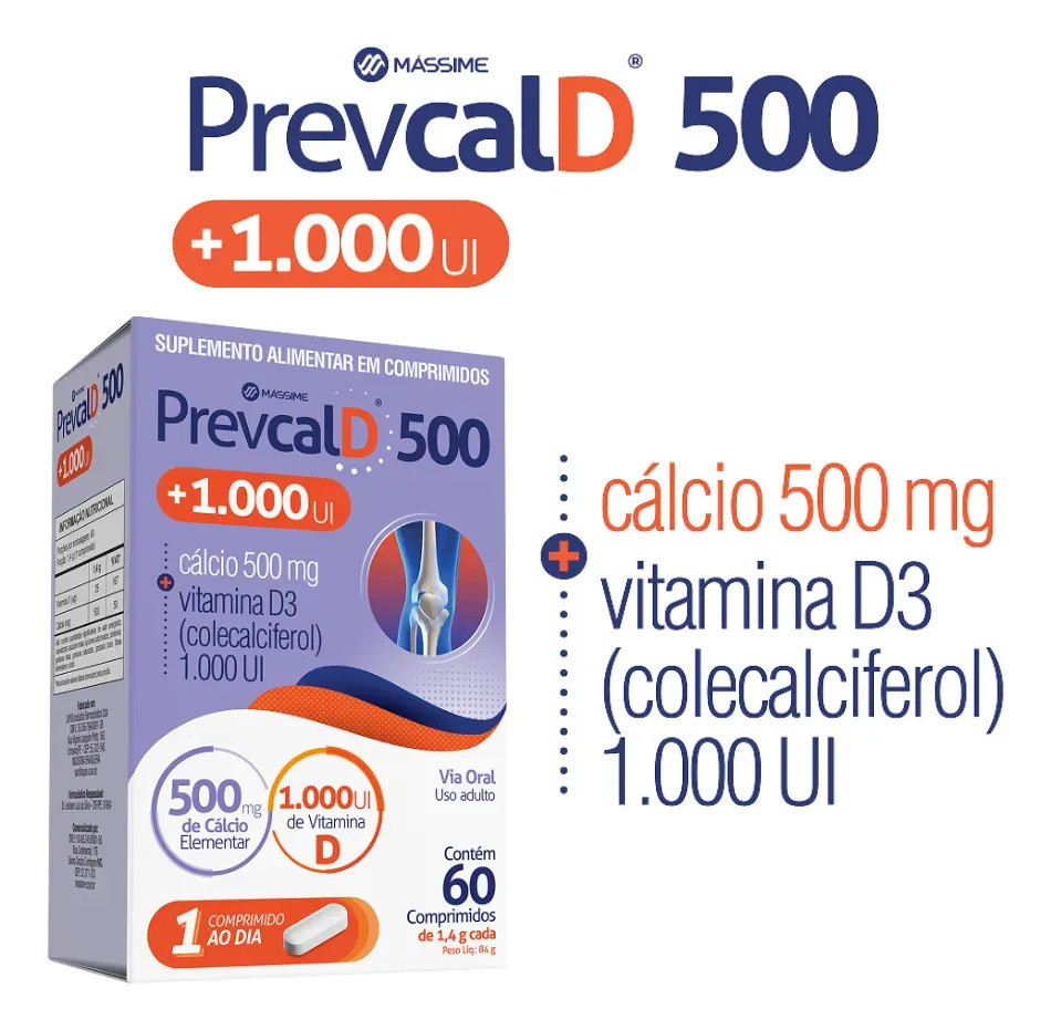 Prevcal D 500 Calcio + 1000 UI Vitamina D3 60 comprimidos Massime Sem Sabor