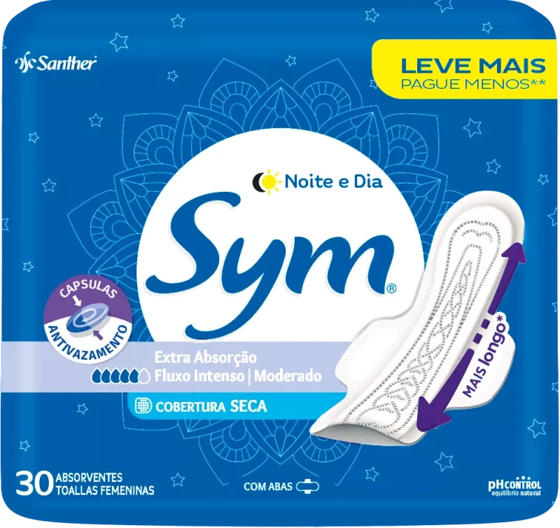 Absorvente Sym Noite e Dia com Abas Cobertura Seca 30 Unidades