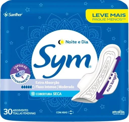 Absorvente Sym Noite e Dia com Abas Cobertura Seca 30 Unidades