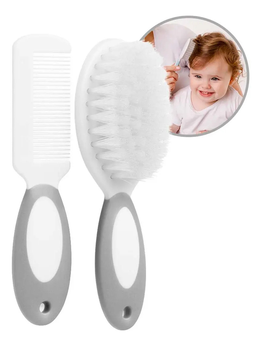 Kit Escova Pente Cabelo Bebê Infantil Cerdas Macias Boy Girl Cinza