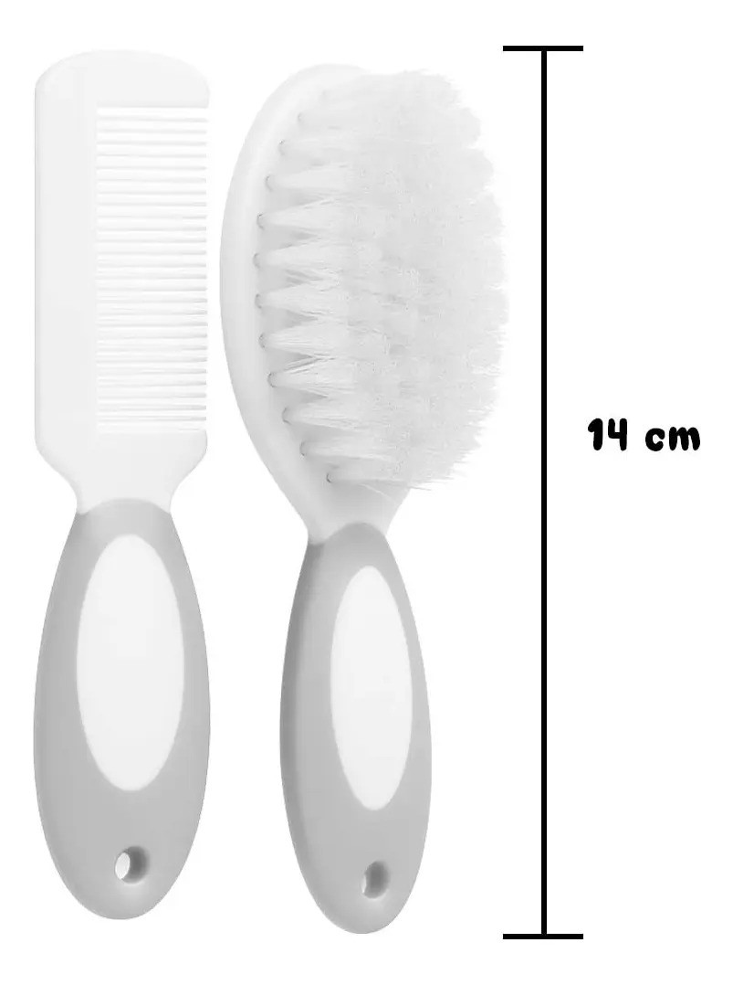 Kit Escova Pente Cabelo Bebê Infantil Cerdas Macias Boy Girl Cinza