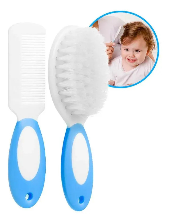 Kit Escova Pente Cabelo Bebê Infantil Cerdas Macias Boy Girl Azul