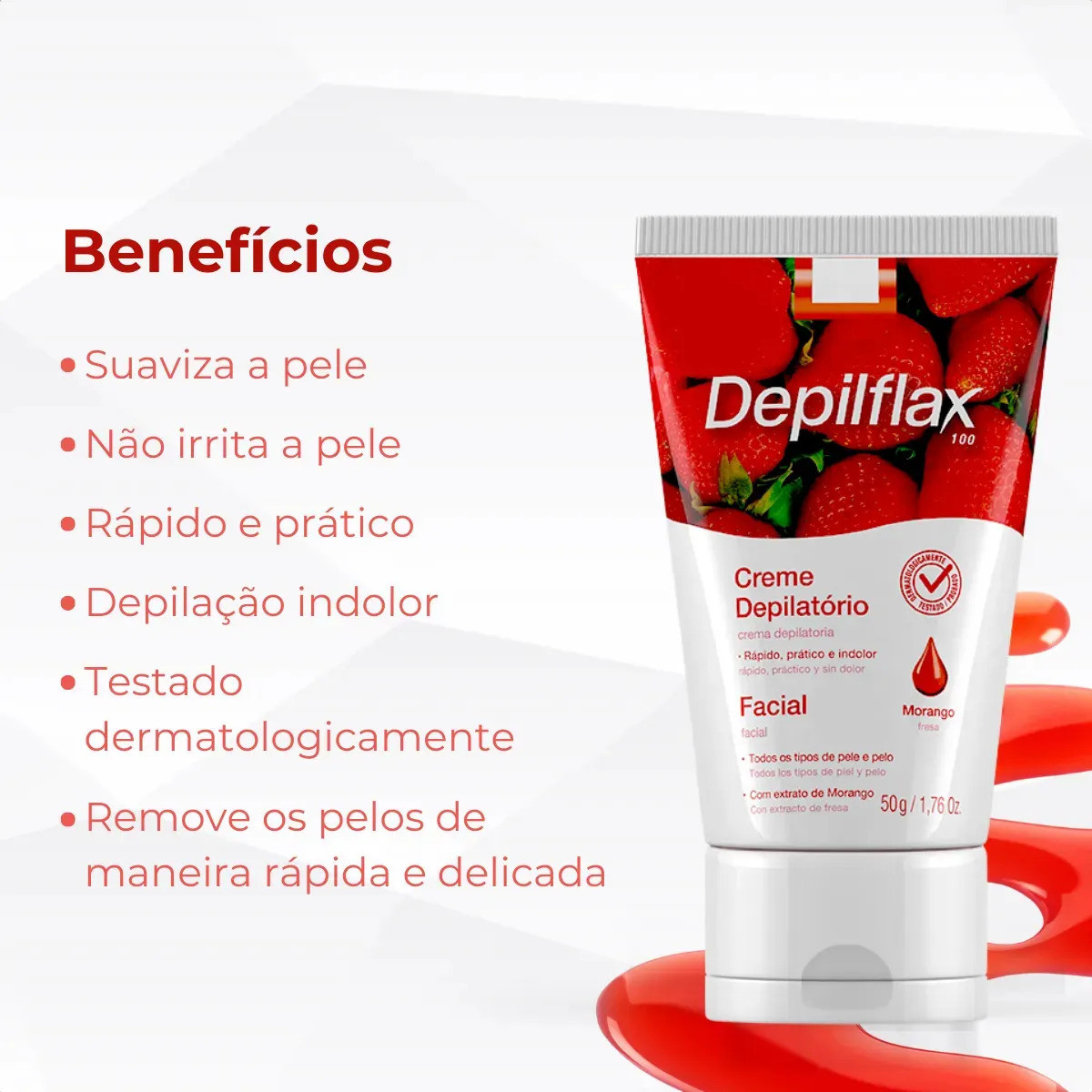 Creme Depilatório Facial Morango Depilflax 50g Para Rosto Todos os Tipo de Pele