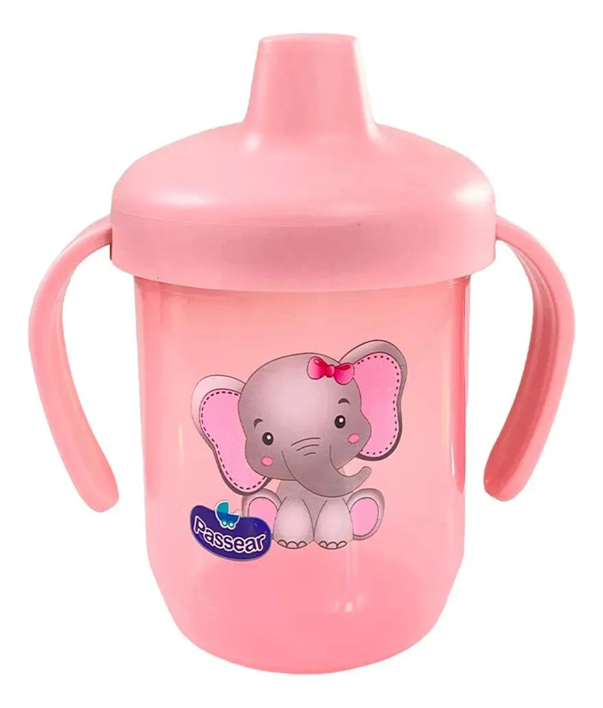 Copo Treinamento Antivazamento Alça Tampa Elefantinho Bebê Rosa Elefante