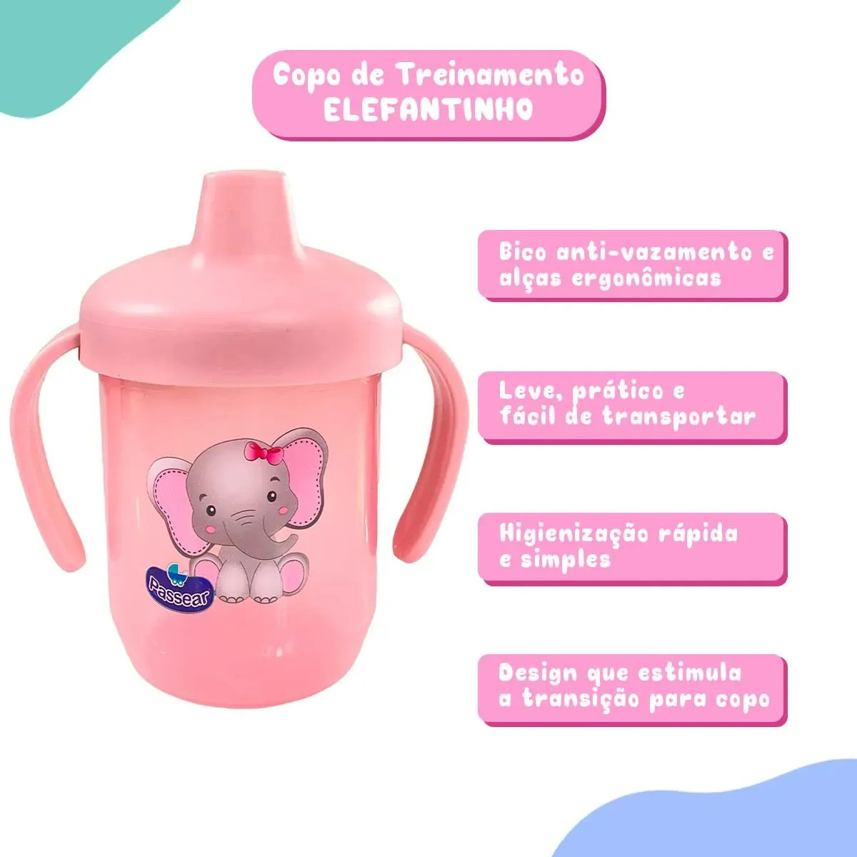 Copo Treinamento Antivazamento Alça Tampa Elefantinho Bebê Rosa Elefante