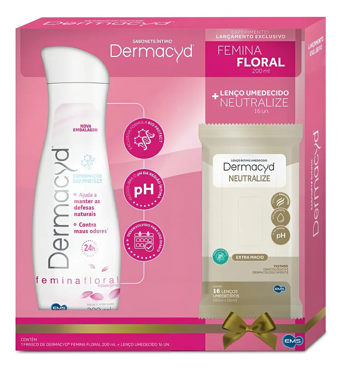 Sabonete Líquido Íntimo Femina Floral 200ml + Lenço Umedecido Dermacyd Neutralize com 16 Lenços
