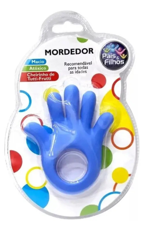 Mordedor Infantil Mãozinha Pais & Filhos Azul Vinil Macio Anti Stress