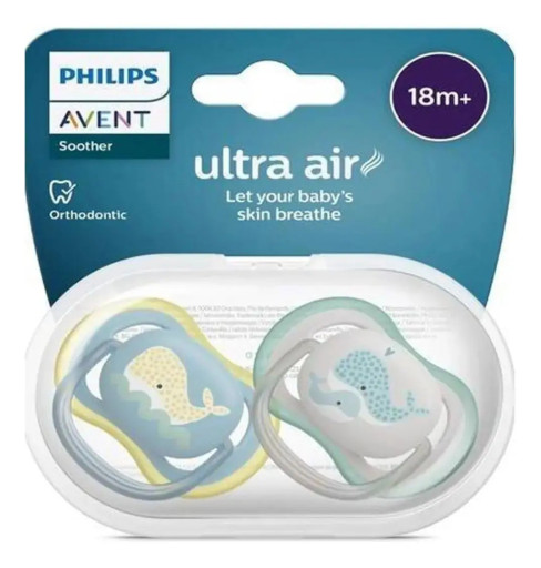 Chupeta Philips Avent Ultra Air Dupla 18m+Baleia Scf349/24