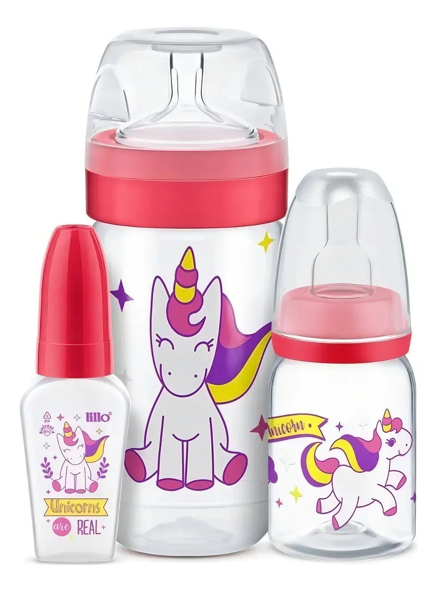 Kit Com 3 Mamadeiras Evolution 50/120/300ml Unicornio Lillo