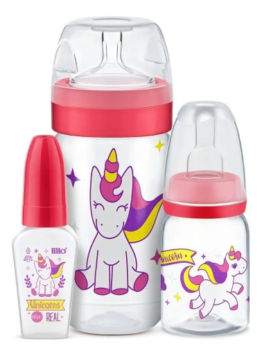 Kit Com 3 Mamadeiras Evolution 50/120/300ml Unicornio Lillo