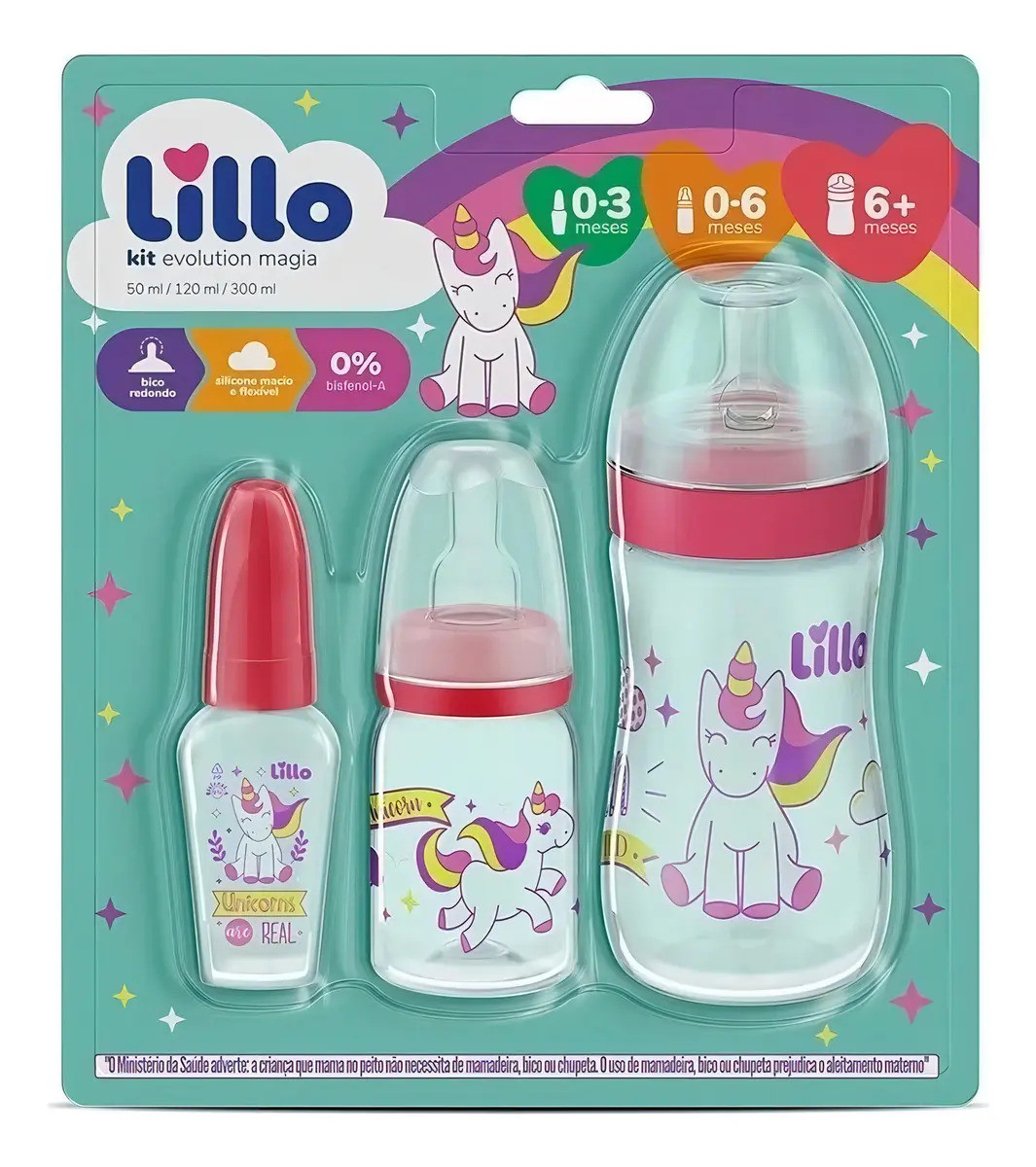 Kit Com 3 Mamadeiras Evolution 50/120/300ml Unicornio Lillo