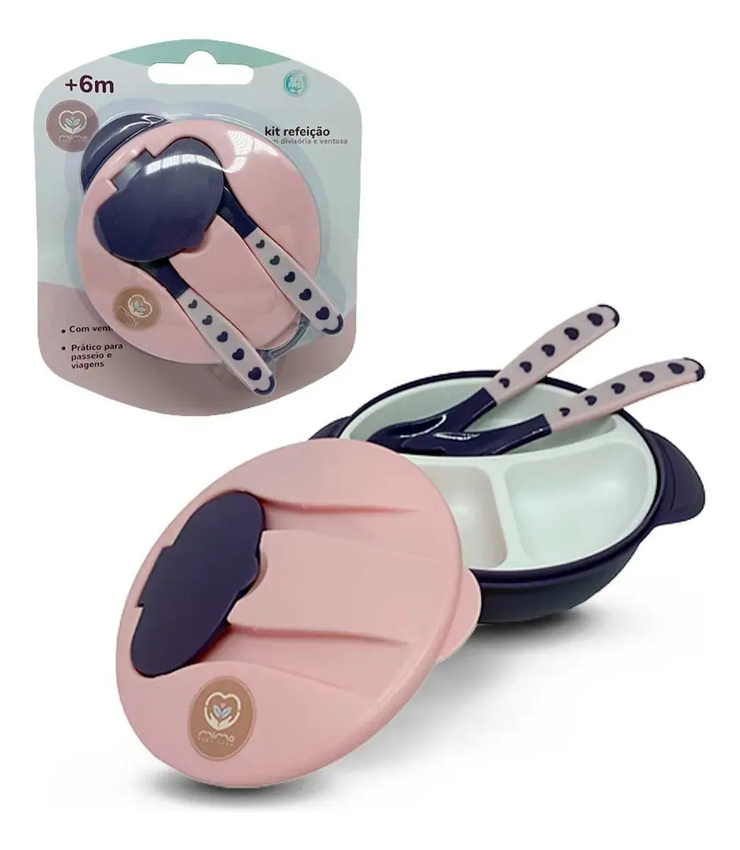 Kit Refeição Bebê Bowl Com Divisória Ventosa Talheres Cor Rosa