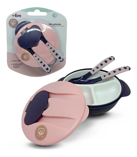 Kit Refeição Bebê Bowl Com Divisória Ventosa Talheres Cor Rosa