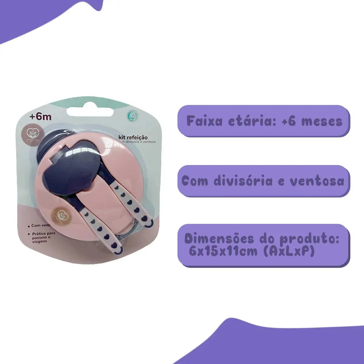 Kit Refeição Bebê Bowl Com Divisória Ventosa Talheres Cor Rosa