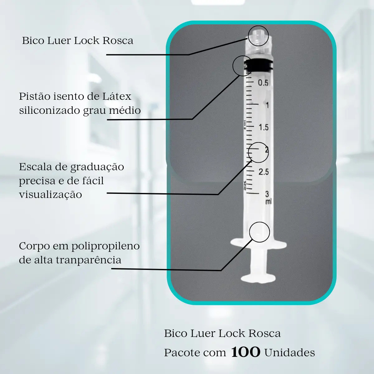 Seringa Hipodérmica SR Luer Lock 3ml com Agulha 25x7mm - 22g - 100 Unidades